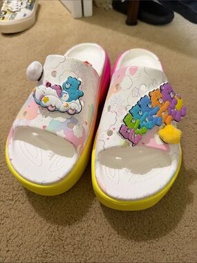 CROCS platform Sandals in Pink, Yellow & White with Rainbow CareBears Charms